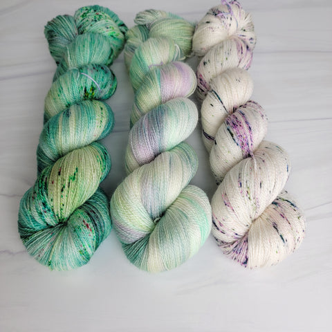 Fade Yarn Set - Frozen Dew  - spruce dew drop frozen flowers-  3 100g skeins of Hand dyed