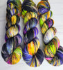 Candy Cauldron - Hand dyed yarn, Fingering Weight, Halloween yarn -black violet purple lime green orange pink