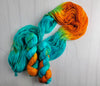 Copper Patina - Hand dyed assigned pooling yarn - turquoise with bright orange pop