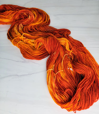 Fire - Hand dyed variegated yarn - Merino Fingering lace dk worsted bright orange red