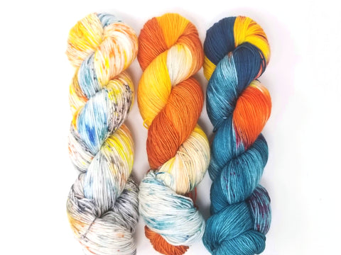 Fade Yarn Set - Mtns of the Moon Red Rock River Blue Blooms- 3 100g skeins of Hand dyed