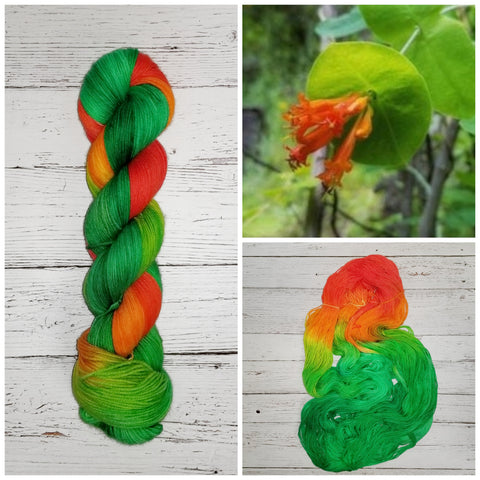 Honeysuckle - Hand dyed yarn, green orange yellow