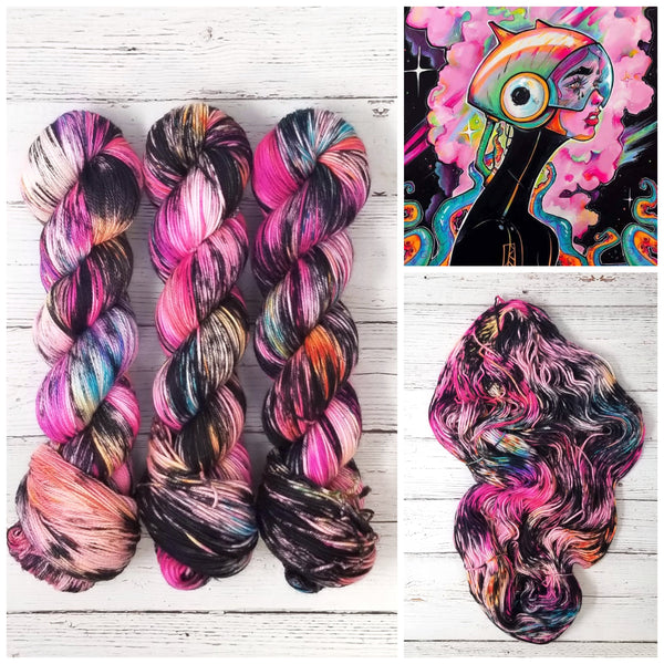 Space Rider - Hand dyed deconstructed variegated speckled yarn - Merino Fingering to worsted hot pink black