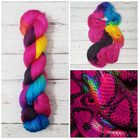 Nagini - Hand dyed yarn, Fingering Weight, pink rainbow black
