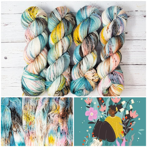 Flower Girl - Hand dyed variegated speckled yarn - Merino Fingering to worsted teal white pink brown yellow