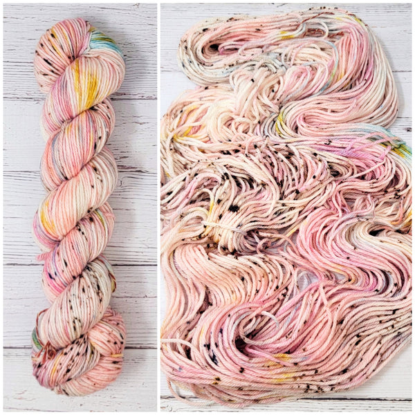 Bubblegum Babe - Hand dyed variegated speckled yarn - Merino Fingering to worsted pink teal yellow brown speckles