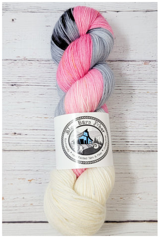 Pink Droid- Hand dyed palindrome variegated yarn - Merino Fingering to worsted- white grey silver pink