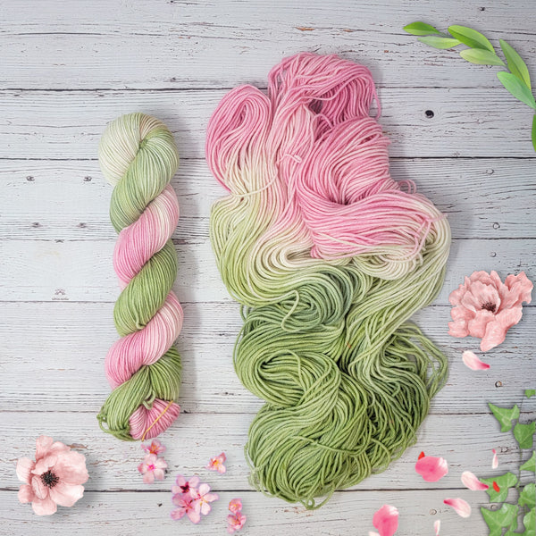 Fairy Feet- Hand dyed yarn - SW Merino Fingering knitting crocheting weaving- pink green moss earthy