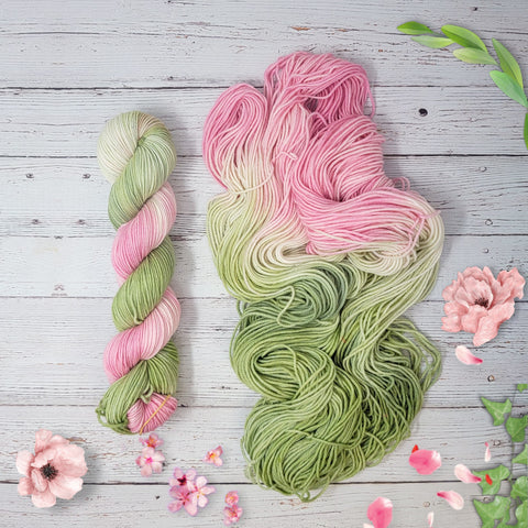 Fairy Feet- Hand dyed yarn - SW Merino Fingering knitting crocheting weaving- pink green moss earthy