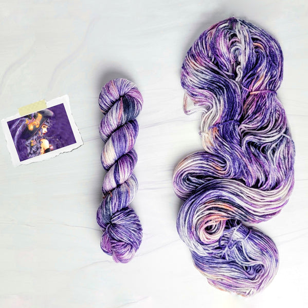 Broomstick Rider- Hand dyed yarn - SW Merino Fingering Weight 400+ yards -choose your base- knitting crocheting weaving- purple black orange