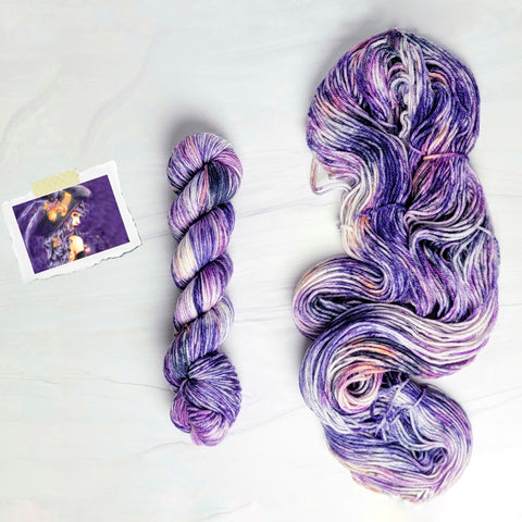 Broomstick Rider- Hand dyed yarn - SW Merino Fingering Weight 400+ yards -choose your base- knitting crocheting weaving- purple black orange