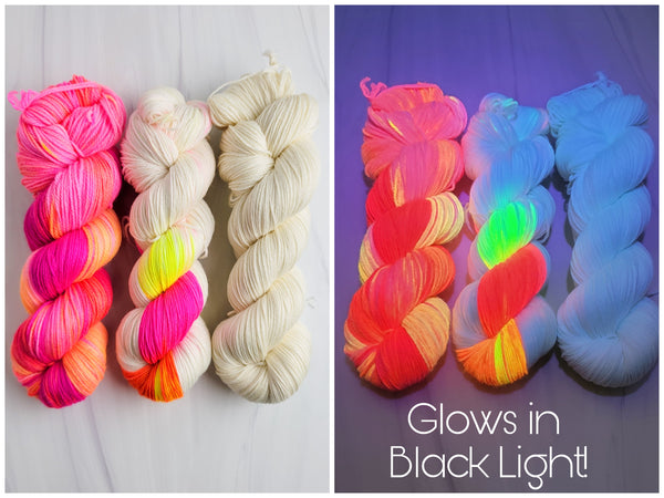 Fade Yarn Set - Neon Flowers Glow Bug White-  3 100g skeins of Hand dyed