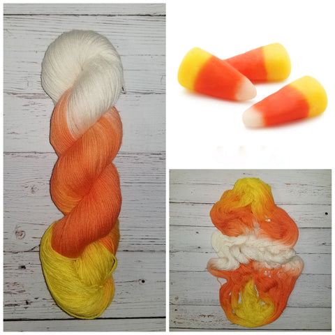 Candy Corn -  Hand dyed palindrome variegated  yarn - white orange yellow Halloween colors
