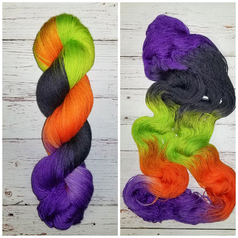 Trick or Treat -  Hand dyed palindrome yarn - purple orange lime green black Halloween colors