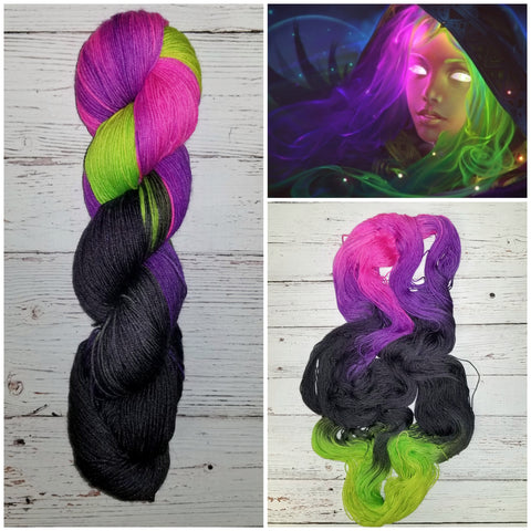 Wicked -  Hand dyed variegated palindrome yarn - pink purple black lime green Halloween colors