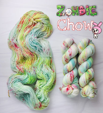 Zombie Chow - Hand dyed yarn, Fingering Weight, Halloween yarn -light lime teal green red speckles