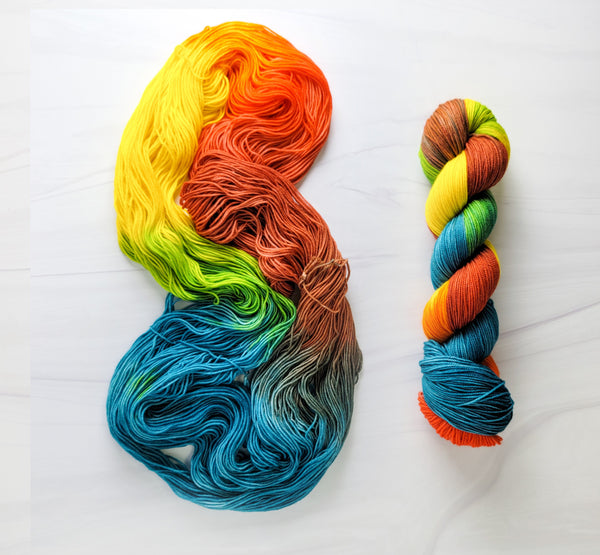 Steampunk- Hand dyed yarn - Merino Fingering yellow orange teal