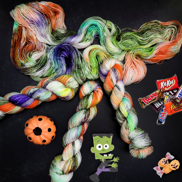 Monster Mash - Hand dyed yarn, Fingering Weight, Halloween yarn -green orange purple cream