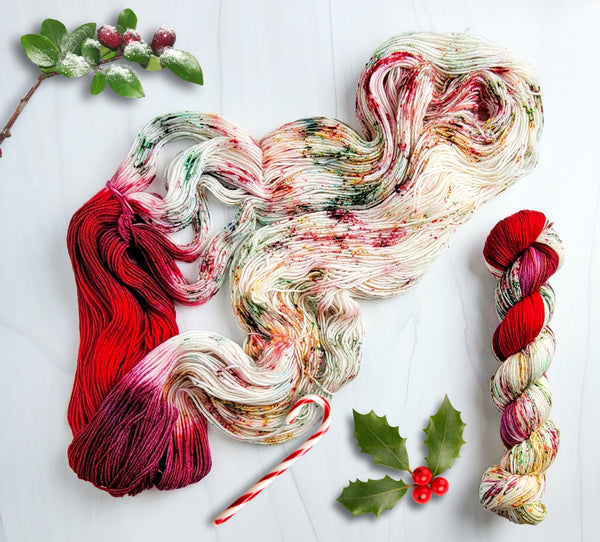 Poinsettia Pop - Hand dyed assigned pooling yarn -SW Merino choose your base fingeeing sock dk lace bulky aran
