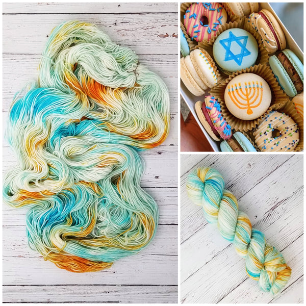 Macaron - Hand dyed variegated yarn - Hanukka theme- Merino Fingering to worsted