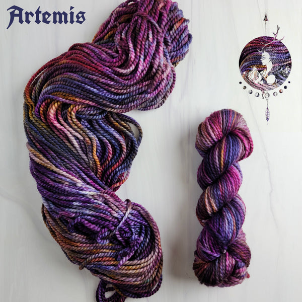 Artemis - Hand dyed Variegated yarn -  Fingering to bulky-  Greek Goddess collection purple violet blue carmel brown green