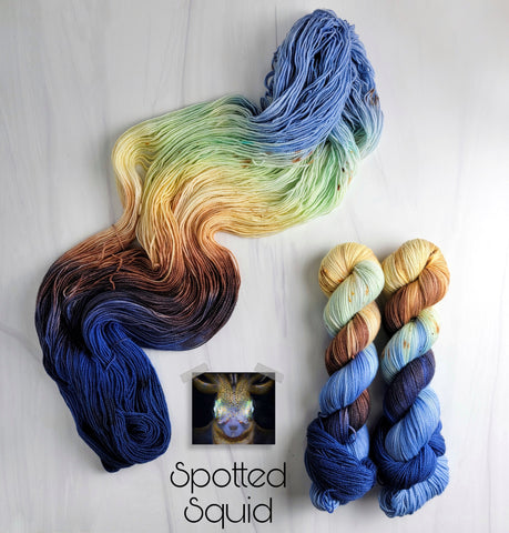 Spotted Squid-  Hand dyed yarn - Merino Fingering blue brown cream black
