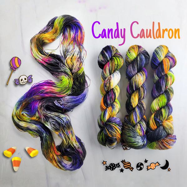 Candy Cauldron - Hand dyed yarn, Fingering Weight, Halloween yarn -black violet purple lime green orange pink