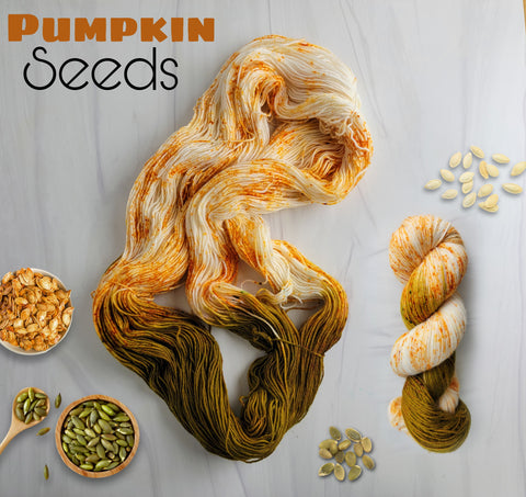 Pumpkin Seeds - Hand dyed yarn, Fingering Weight, assigned color pooling - white with orange speckles and a pop of green brown