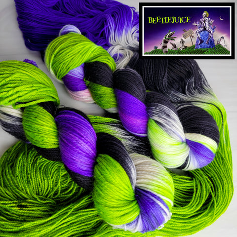 Beetlejuice - Hand dyed yarn, Fingering Weight, Halloween yarn -black violet purple lime green white