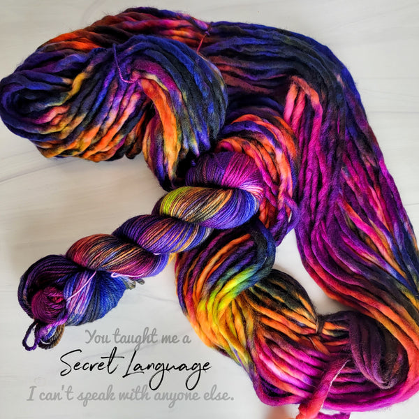 Secret Language - Hand dyed Variegated yarn -  Fingering to bulky-  dark blue pink purple orange lime Taylor Swift inspired