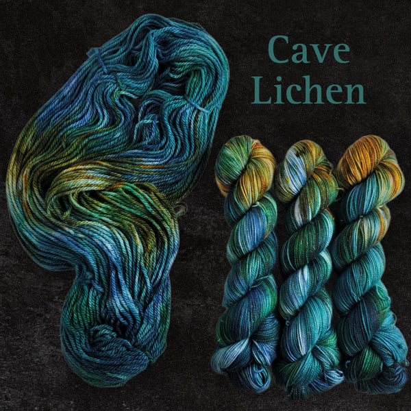 Cave Lichen - Hand dyed yarn - SW Merino Fingering Weight green teal brown