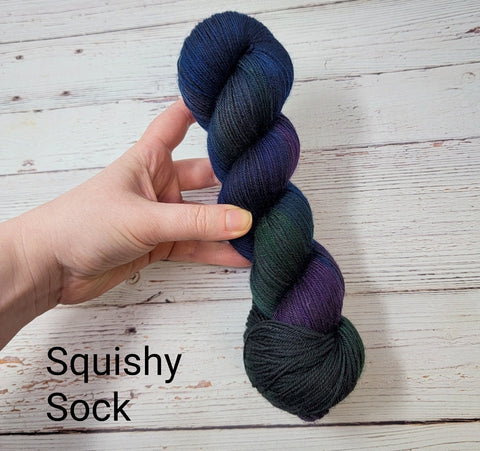 Raven - Hand dyed yarn - SW Merino Fingering Weight black Purple Blue Green