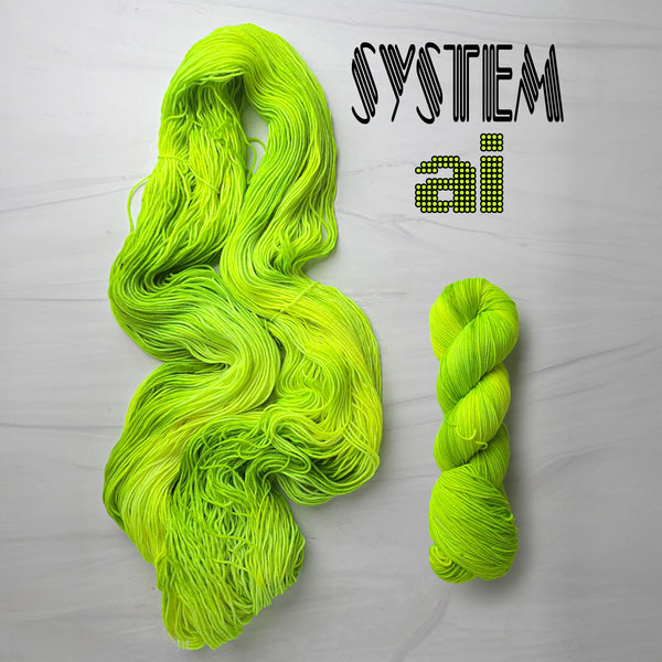 System AI - Hand dyed Variegated yarn, Fingering Weight, inspired by Dungeon Crawler Carl book series - florescent and regular green glows under blacklight