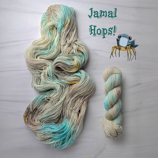 Jamal Hops - Hand dyed Variegated yarn, Fingering Weight, inspired by Dungeon Crawler Carl book series - grey brown light blue speckled