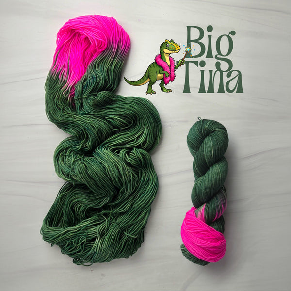 Big Tina - Hand dyed Assigned Pooling yarn, Fingering Weight, inspired by Dungeon Crawler Carl book series - dark green with a pop hot fuchsia pink