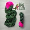 Big Tina - Hand dyed Assigned Pooling yarn, Fingering Weight, inspired by Dungeon Crawler Carl book series - dark green with a pop hot fuchsia pink