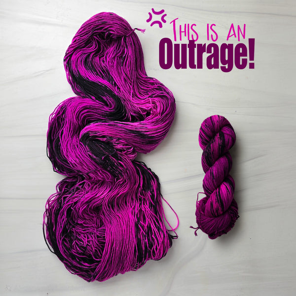This is an outrage! - Hand dyed variegated yarn, Fingering Weight, inspired by Dungeon Crawler Carl book series - dark pink plum magenta hints of black