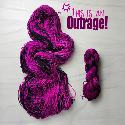 This is an outrage! - Hand dyed variegated yarn, Fingering Weight, inspired by Dungeon Crawler Carl book series - dark pink plum magenta hints of black