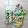 The Apothecary - Hand dyed variegated  yarn, Fingering Weight, inspired by Dungeon Crawler Carl book series - white pastel neon yellow pink blue and splashed in vibrant eon speckles