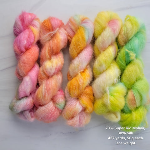 Ready to ship fade set of 5 - warm pastel rainbow set on Mohair silk lace