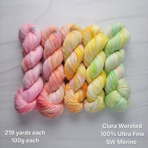 Ready to ship fade set of 5 - warm pastel rainbow set on Clara WORSTED SW Merino wool