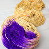 Stryga - Hand dyed yarn, Fingering Weight, assigned pooling inspired by ACOTAR by Sarah J Maas - gold beige yellow blue violet purple