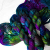 The Silence In Between - Hand dyed yarn, black sapphire blue midnight magenta purple moss green lime - Andrea Gibson Poetry inspired