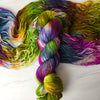 Creation is Louder Than Destruction - Hand dyed yarn, avocado green orange brown berry magenta teal with purple pink speckles - Andrea Gibson Poetry inspired