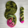 Bell Vine - Hand dyed assigned pooling yarn - moss green with pink maroon pop