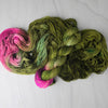 Bell Vine - Hand dyed assigned pooling yarn - moss green with pink maroon pop