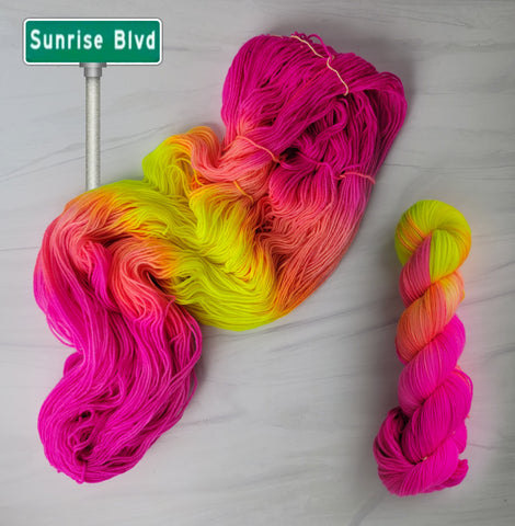 Sunrise Blvd -  Hand dyed variegated yarn - neon pink fuchsia orange yellow