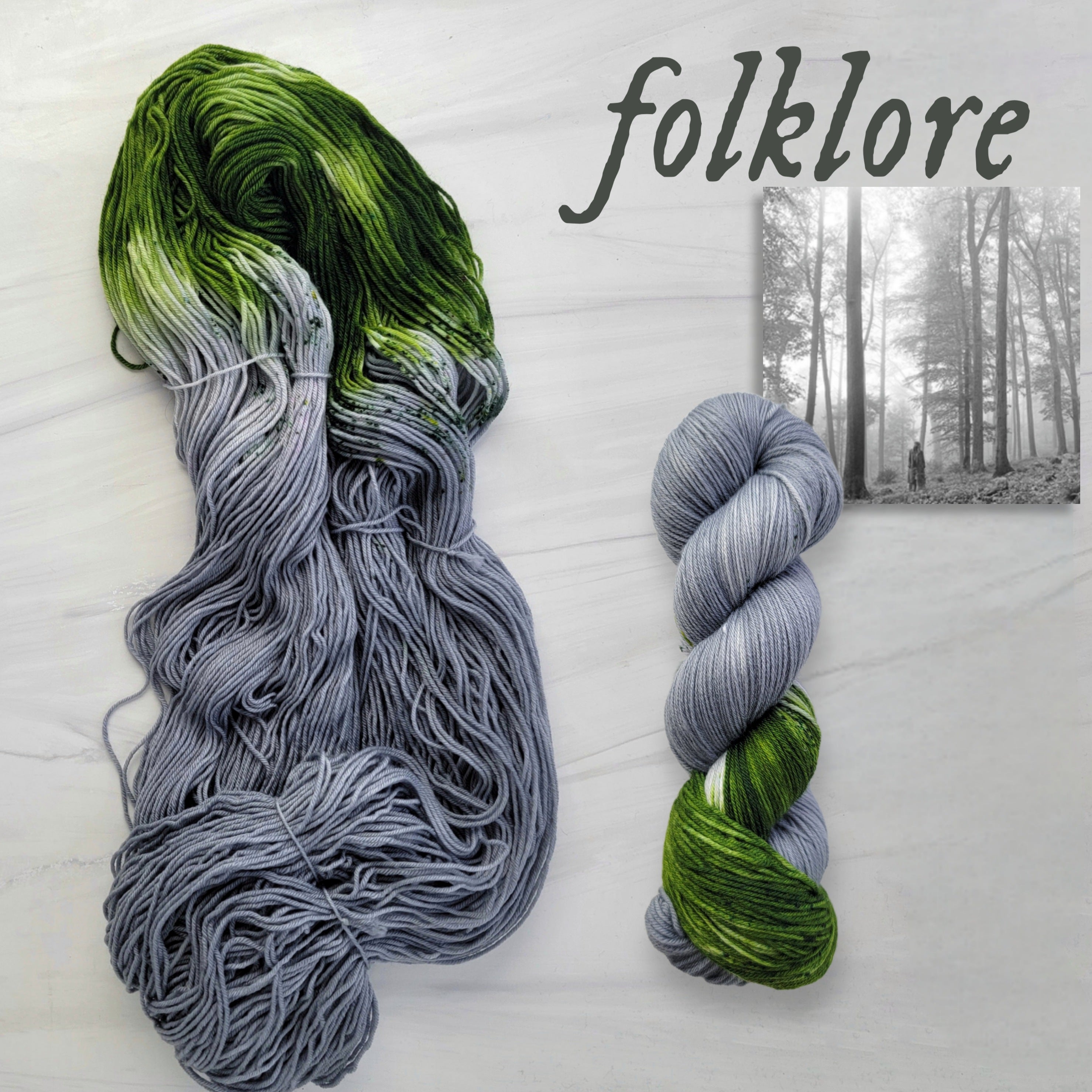 Folklore - Hand dyed sock yarn - grey and moss green speckled