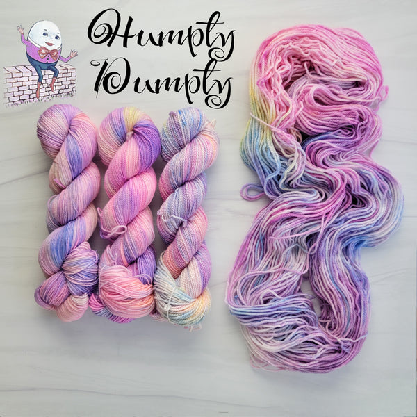 Humpty Dumpty - Hand dyed variegated yarn -pastel pink purple with rainbow pops - lullabies and nursery rhymes collection