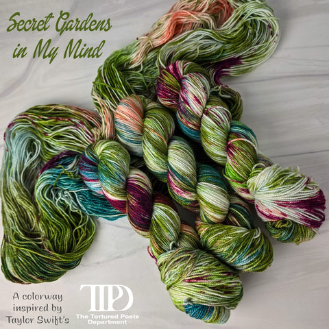 Secret Gardens In My Mind - Hand dyed yarn - Taylor Swift inspired - green moss forest teal peach maroon